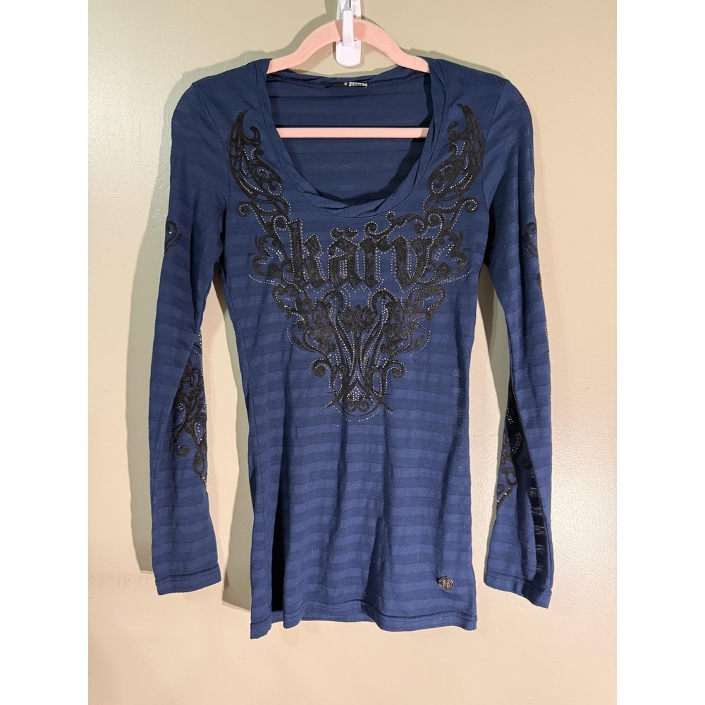 Y2K Tunic T-Shirt Womens XS Blue Rhinestone Studded Scoop Neck Long Sleeve